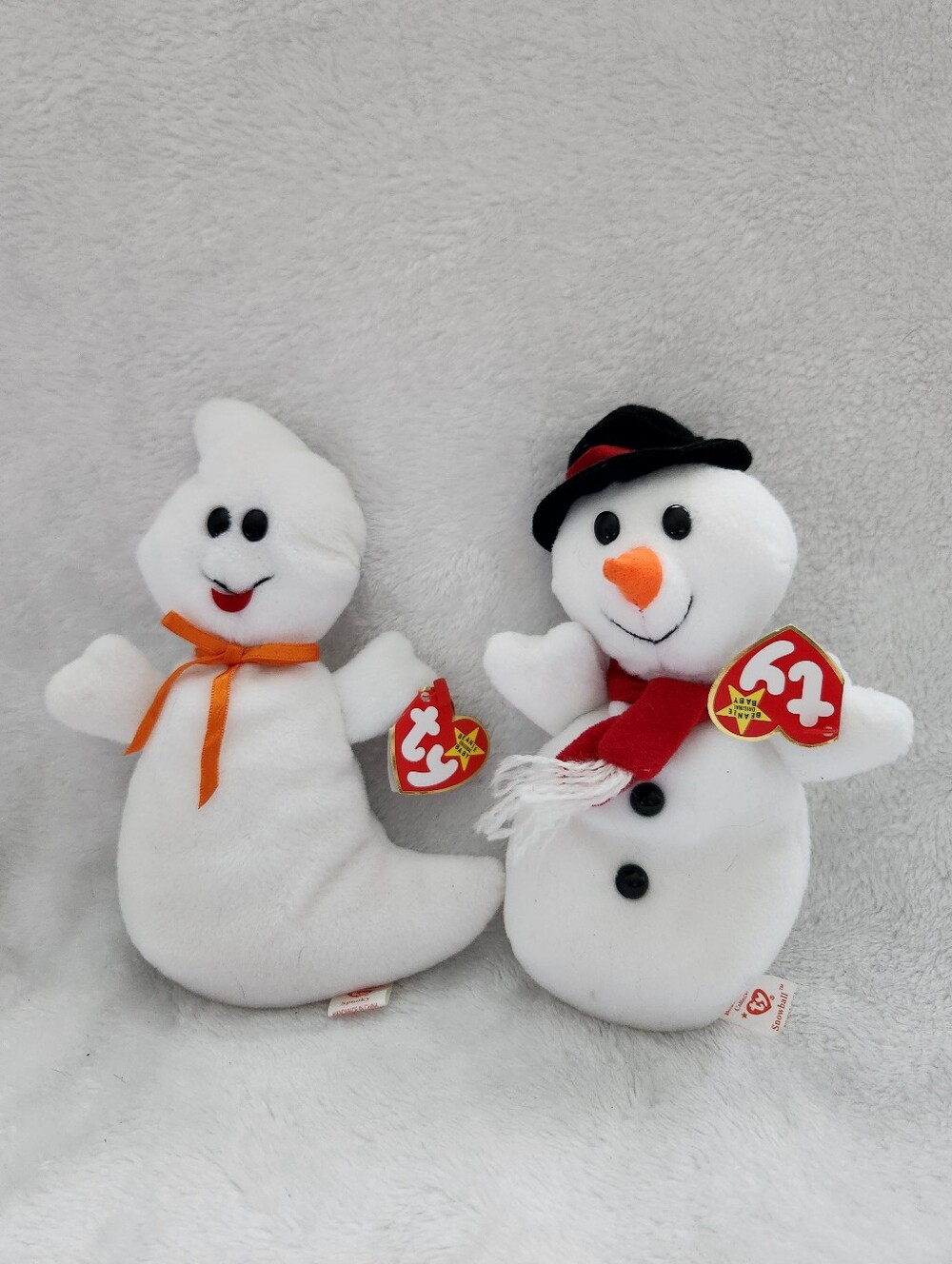 TY Beanie Babies Spooky Ghost & Snowball Snowman Vintage Halloween Christmas Lot